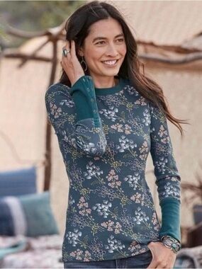 Sundance Floralynn Thermal Top Floral Waffle Knit Button Cuff Women’s Size M